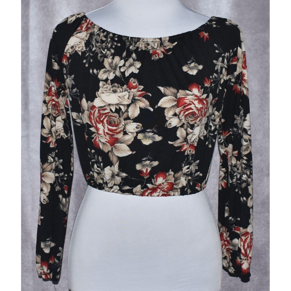 FASHION NOVA Black Floral  Boat Neckline Long Sleeve Crop Top - Size Small